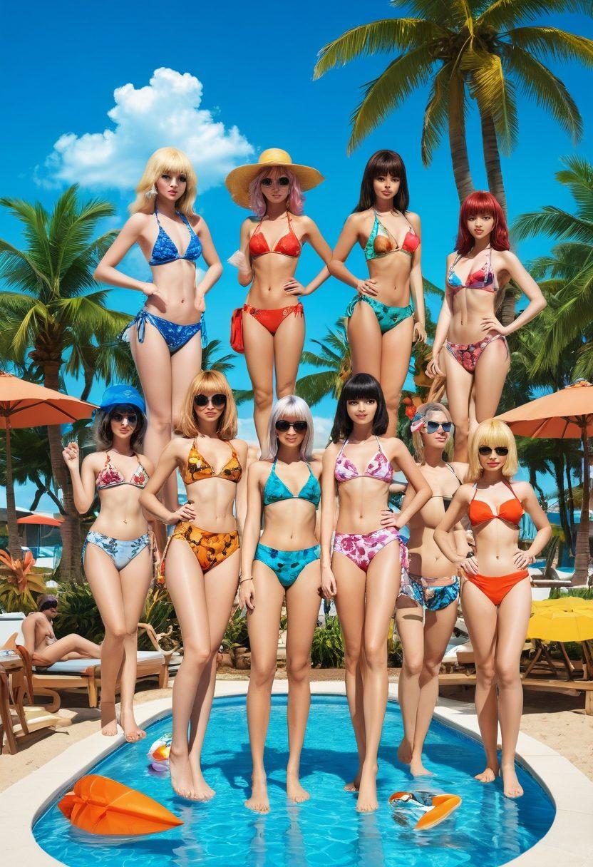 An artistic collage showcasing the evolution of bikini styles in manga culture, featuring iconic manga characters wearing diverse bikini designs from retro to modern, set against a vibrant poolside backdrop with palm trees and colorful beach accessories. The scene should display a playful atmosphere, highlighting the cultural significance and variety of styles. anime-inspired. vibrant colors. 3D elements.